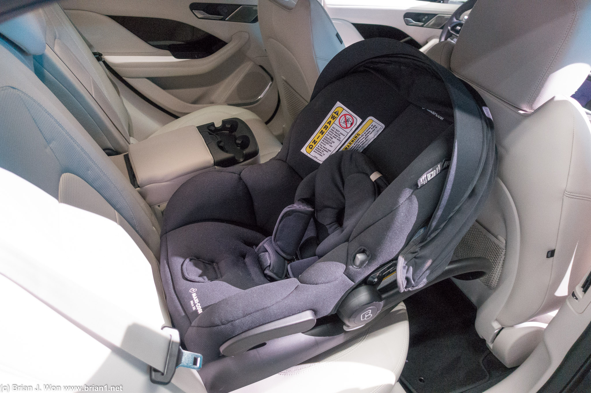 A baby seat is a tight fit in an I-Pace.
